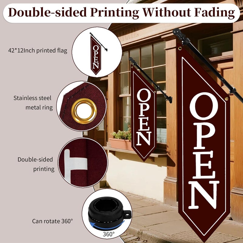 yeload OPEN Flag with Pole Kit - Heavy Duty Canvas Open Banner for Business Storefront, 42x12 Inch Outdoor Double-Sided Sign with Bracket - Advertising Signage for Retail & Shops (Coffee) - Image 3