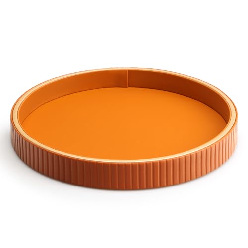 SANZIE Leather Tray Desktop Storage Organizer Premium Serving Trays Decorative Tray Valet Trays for Sundries Cosmetics Phone Wallet Cutlery (Orange Disc) - Image 1