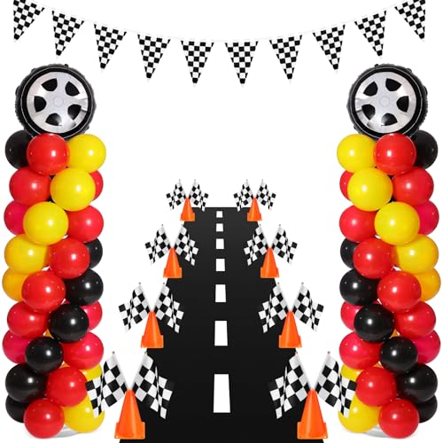 Lunmon 159 Pcs Race Car Birthday Party Decorations Includes 129 Traffic Lights Balloon Stand Set 2 Inflatable Wheel Tire 8 Traffic Cones Racing 16 Waving Flags 1 Grid String Flags 1 Racetrack - Image 1