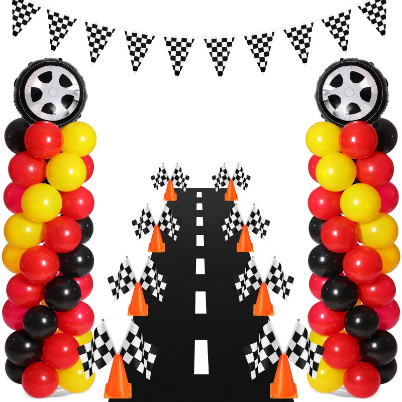 Lunmon 159 Pcs Race Car Birthday Party Decorations Includes 129 Traffic Lights Balloon Stand Set 2 Inflatable Wheel Tire 8 Traffic Cones Racing 16 Waving Flags 1 Grid String Flags 1 Racetrack - Image 3