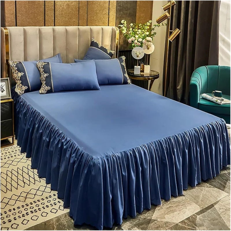 Bed Skirt Non-Slip Mattress Cover Bedsheet Bedspread Solid Color Ruffled Bedroom(Blue,1PC 120cmx200cm) - Image 1