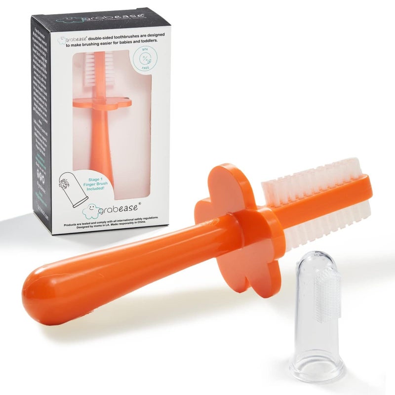 grabease Silicone Baby Toothbrush for Kids Brushing Buddy DoubleSided Toddler Toothbrush BPAFree PhthalateFree 1 Pack Orange