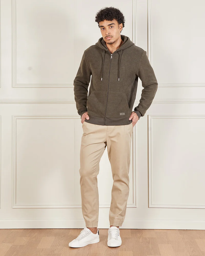 Redtag Men Olive Faux Fur Lined Hooded Sweatshirt