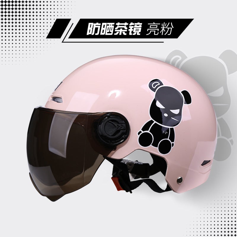 Generic [Clearance] Electric Battery Car Helmet Mens and Womens Summer Sunscreen Helmet Adult Four Seasons General Riding Half Helmet Bright pink tide bear [sunscreen short tea]]