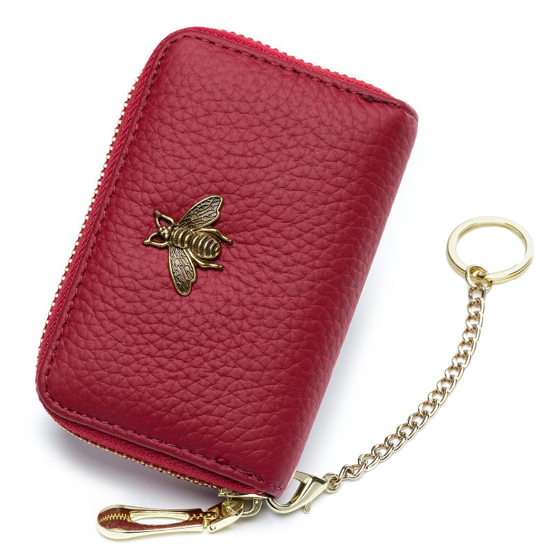imeetu RFID Credit Card Holder, Small Leather Zipper Card Case Wallet with Keychain and ID Window for Women (Pro,Red) - Image 1