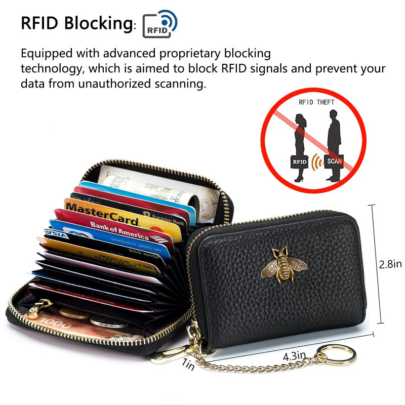 imeetu RFID Credit Card Holder, Small Leather Zipper Card Case Wallet with Keychain and ID Window for Women (Pro,Red) - Image 5