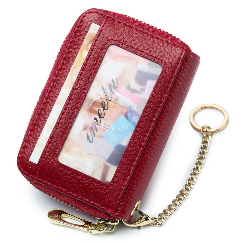 imeetu RFID Credit Card Holder, Small Leather Zipper Card Case Wallet with Keychain and ID Window for Women (Pro,Red) - Image 2