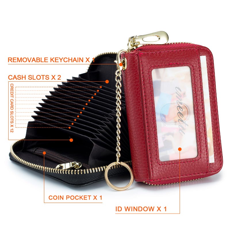 imeetu RFID Credit Card Holder, Small Leather Zipper Card Case Wallet with Keychain and ID Window for Women (Pro,Red) - Image 3