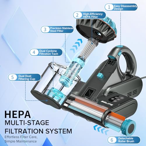 Belife M8 Mattress Vacuum Cleaner, 18Kpa 550W Bed Cleaner with UV & Hot Air & HEPA Filter, High Heating Double-Cup Handheld Couch Cleaner for Sofa Pillow Crib Pet Hair, Corded - Image 2
