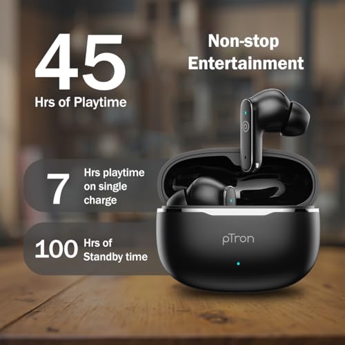 pTron Bassbuds Eon in-Ear TWS Earbuds w/ 13mm Drivers, 45Hrs Playtime, Dual HD Mic & TruTalk AI-ENC Calls, Custom EQ,Mobile App, Bluetooth v6.0 Headphones,Voice Assist., Type C Charging & IPX5 (Black) - Image 4