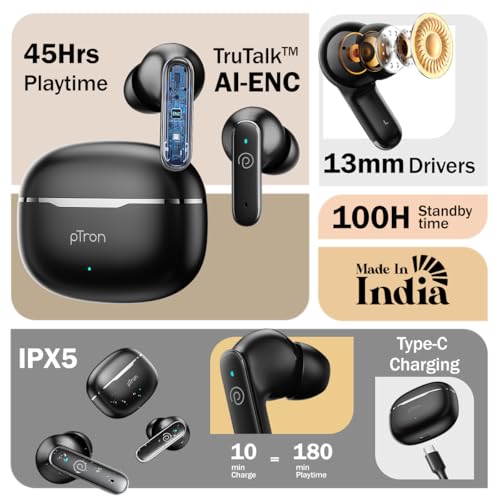 pTron Bassbuds Eon in-Ear TWS Earbuds w/ 13mm Drivers, 45Hrs Playtime, Dual HD Mic & TruTalk AI-ENC Calls, Custom EQ,Mobile App, Bluetooth v6.0 Headphones,Voice Assist., Type C Charging & IPX5 (Black) - Image 2