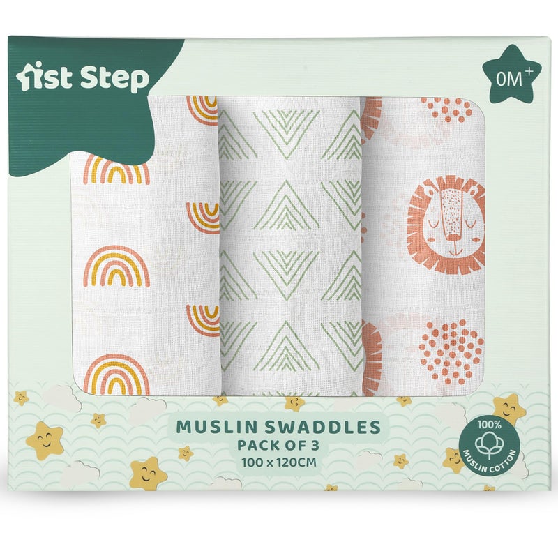 1ST STEP 100% Cotton Muslin Baby Swaddle Set, Pack of 3, Size-120cm x 100cm (47"x39"), (Orange) - Image 1
