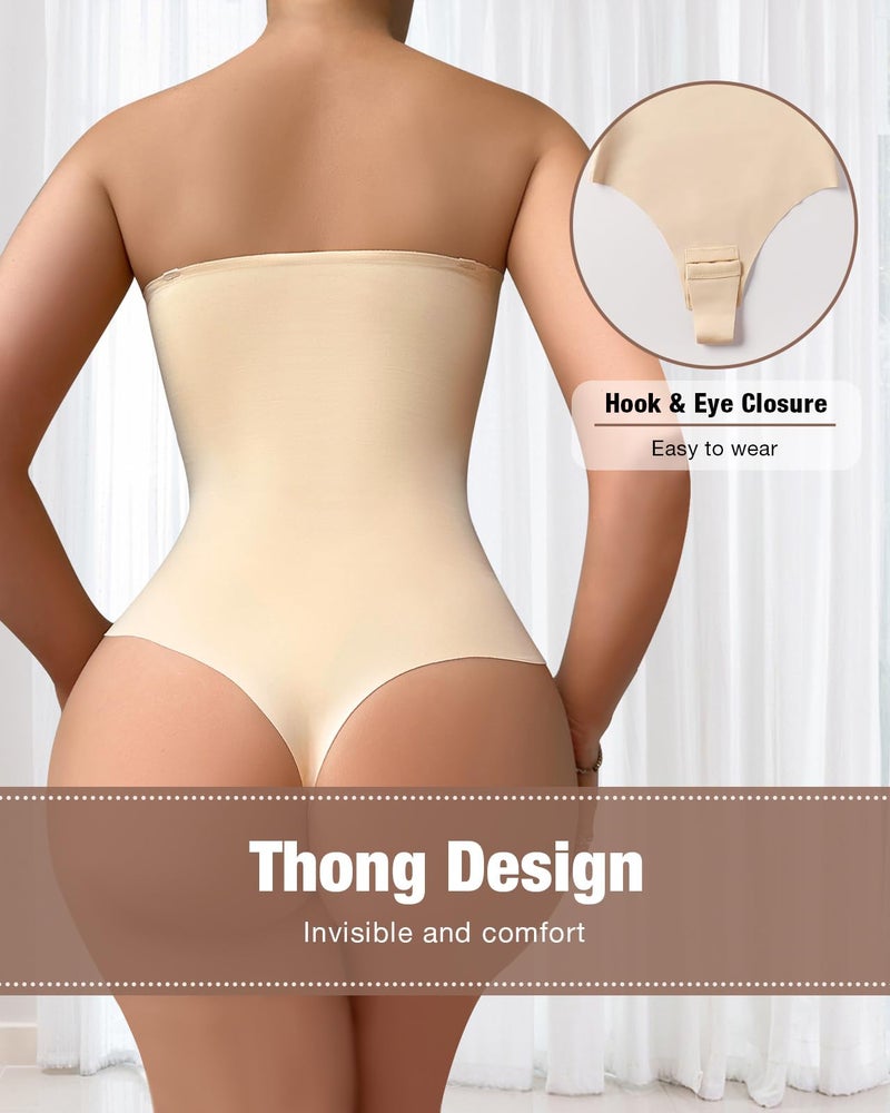 USEASY Shapewear Bodysuit Tummy Control Strapless Bra Shapewear for Women Strapless Faja Body Shaper Thong Light Shapewear Beige L - Image 2