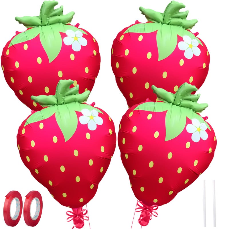 AxiyanX Strawberry Balloons 18" 4Pcs - Foil Balloons for Strawberry Birthday Decorations & Baby Shower Decorations, Durable foil Balloon Arch Kit, Vibrant Strawberry Themed Party - Image 1