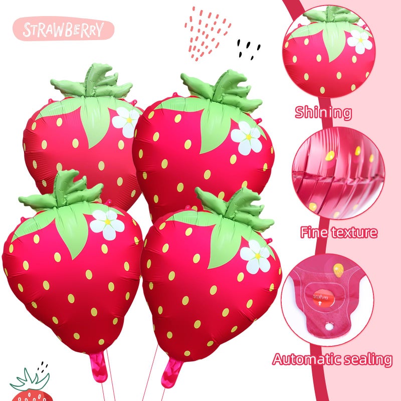 AxiyanX Strawberry Balloons 18" 4Pcs - Foil Balloons for Strawberry Birthday Decorations & Baby Shower Decorations, Durable foil Balloon Arch Kit, Vibrant Strawberry Themed Party - Image 4
