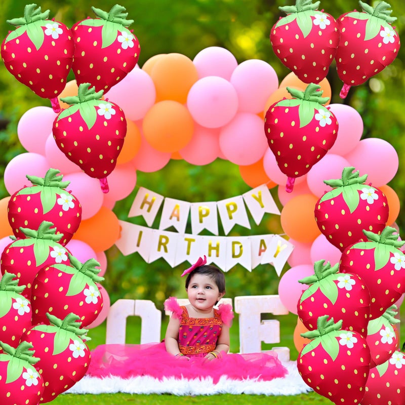 AxiyanX Strawberry Balloons 18" 4Pcs - Foil Balloons for Strawberry Birthday Decorations & Baby Shower Decorations, Durable foil Balloon Arch Kit, Vibrant Strawberry Themed Party - Image 5