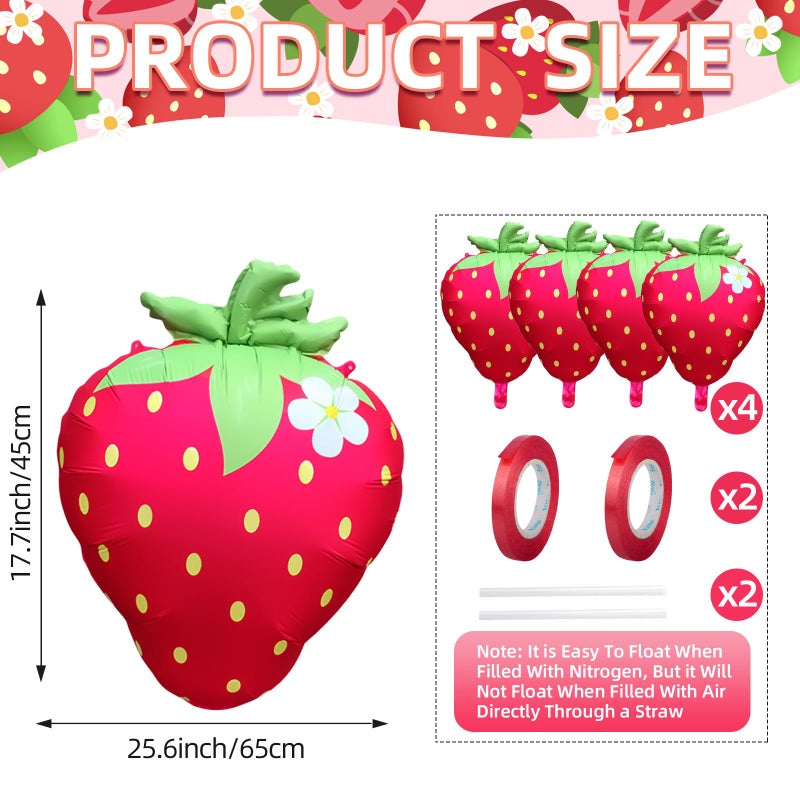 AxiyanX Strawberry Balloons 18" 4Pcs - Foil Balloons for Strawberry Birthday Decorations & Baby Shower Decorations, Durable foil Balloon Arch Kit, Vibrant Strawberry Themed Party - Image 3
