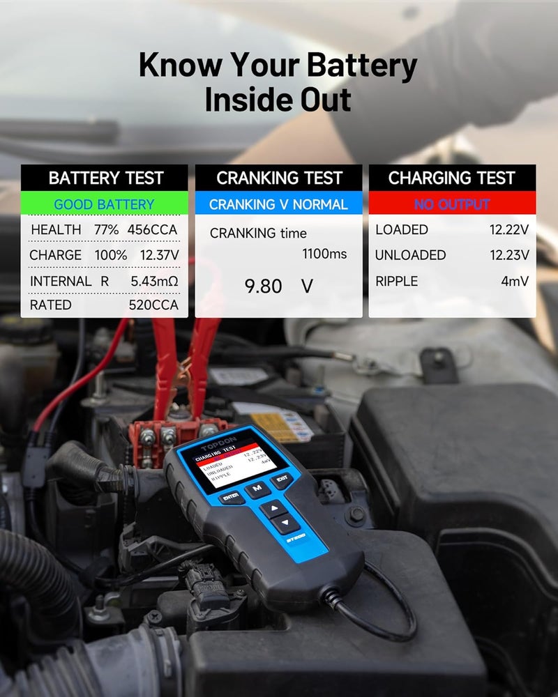 Topdon Car Battery Tester BT200, 12V/24V Battery Tester 100-2000CCA, with Battery Cranking Charging Tests, for Cars Motorcycles Boats SUVs Trucks, for Both Professionals and DIYers - Image 3
