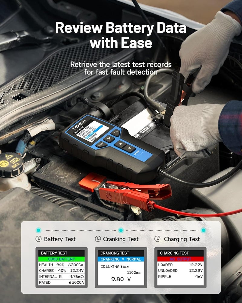 Topdon Car Battery Tester BT200, 12V/24V Battery Tester 100-2000CCA, with Battery Cranking Charging Tests, for Cars Motorcycles Boats SUVs Trucks, for Both Professionals and DIYers - Image 5