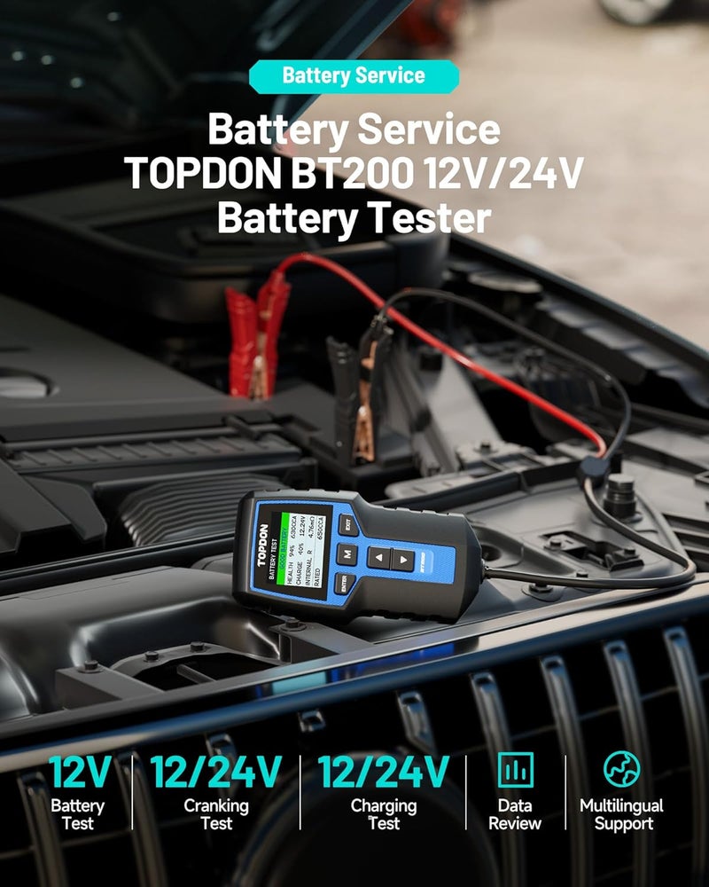 Topdon Car Battery Tester BT200, 12V/24V Battery Tester 100-2000CCA, with Battery Cranking Charging Tests, for Cars Motorcycles Boats SUVs Trucks, for Both Professionals and DIYers - Image 2