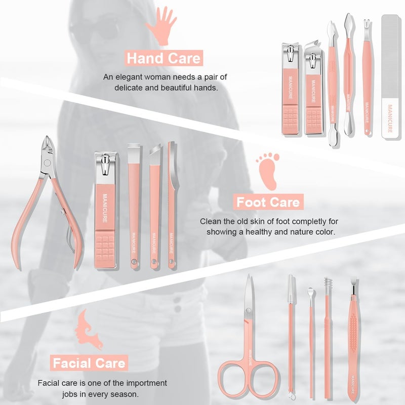 Leipple Manicure Set Professional Nail Clippers Pedicure Kit, 16 pcs Stainless Steel Nail Care Tools Grooming Kit with Luxurious Travel Leather Case for Thick Nails Men Women Gift (Pink) - Image 2