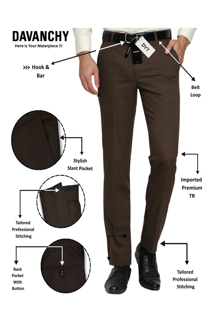 DAVANCHY Men's Brown Formal Pants Classic Solid Trousers Business Casual Pants Stylish & Comfortable Pant Perfect Gift for Him  - Image 3