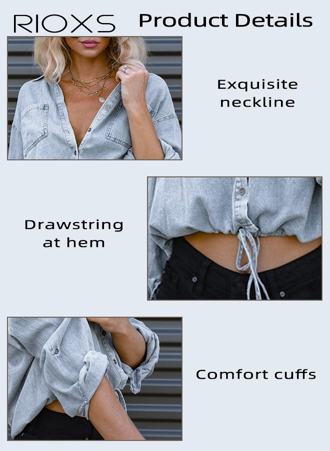 ريوكس قمصان جينز قصيرة للنساء، قمصان غير رسمية بأكمام طويلة وياقة وأزرار وأربطة عند الحافة وجيب على الصدر، جاكيت جينز قصير عصري وواسع للربيع والخريف مع أكمام قابلة للطي للارتداء اليومي، والتنقل، والعطلات، والمواعيد الغرامية، أزرق فاتح - Image 5