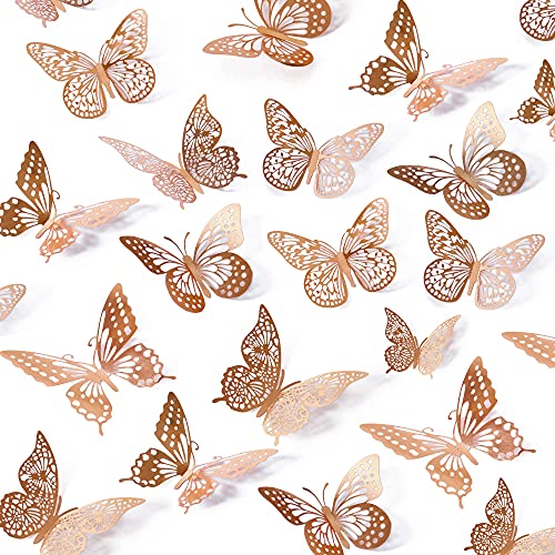 SAOROPEB 3D Butterfly Wall Decor, 48 Pcs 4 Styles 3 Sizes, Removable Metallic Wall Sticker Room Mural Decals for Kids Bedroom Nursery Classroom Party Decoration Wedding Decor DIY Gift (Rose Gold) - Image 1