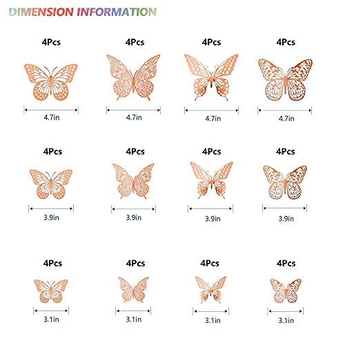 SAOROPEB 3D Butterfly Wall Decor, 48 Pcs 4 Styles 3 Sizes, Removable Metallic Wall Sticker Room Mural Decals for Kids Bedroom Nursery Classroom Party Decoration Wedding Decor DIY Gift (Rose Gold) - Image 5