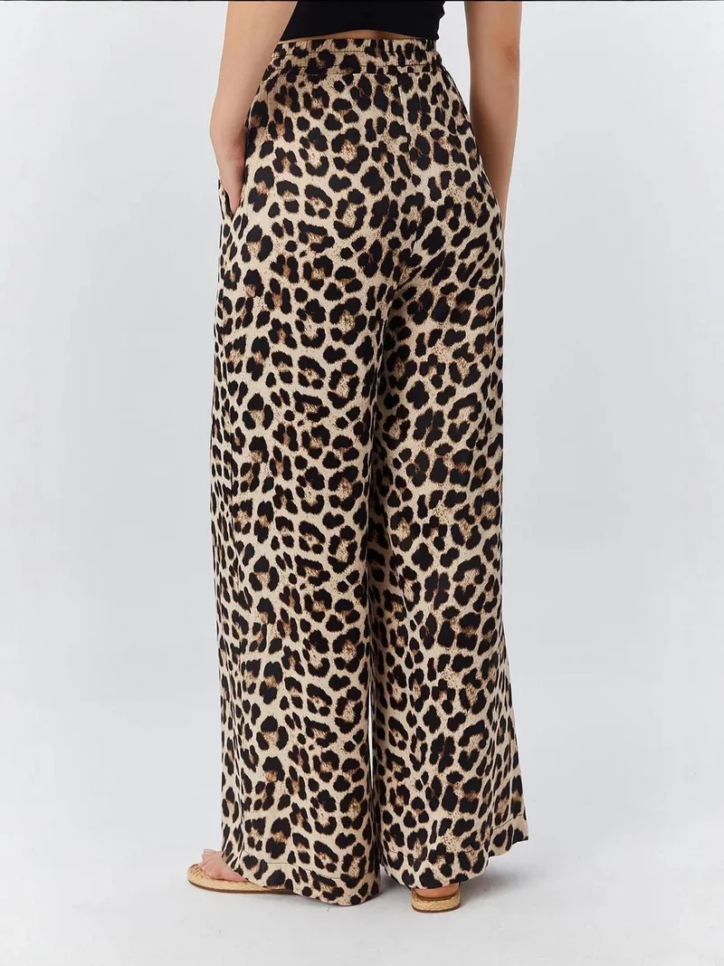MixRay Beige Natural Mixray High Waist Leopard Print Wide Leg Pants for Women | Best Price UAE