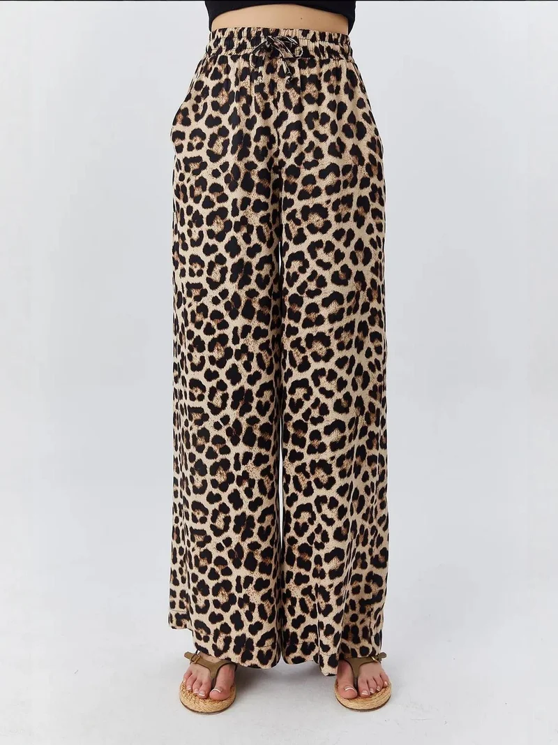 MixRay Beige Natural Mixray High Waist Leopard Print Wide Leg Pants for Women | Best Price UAE