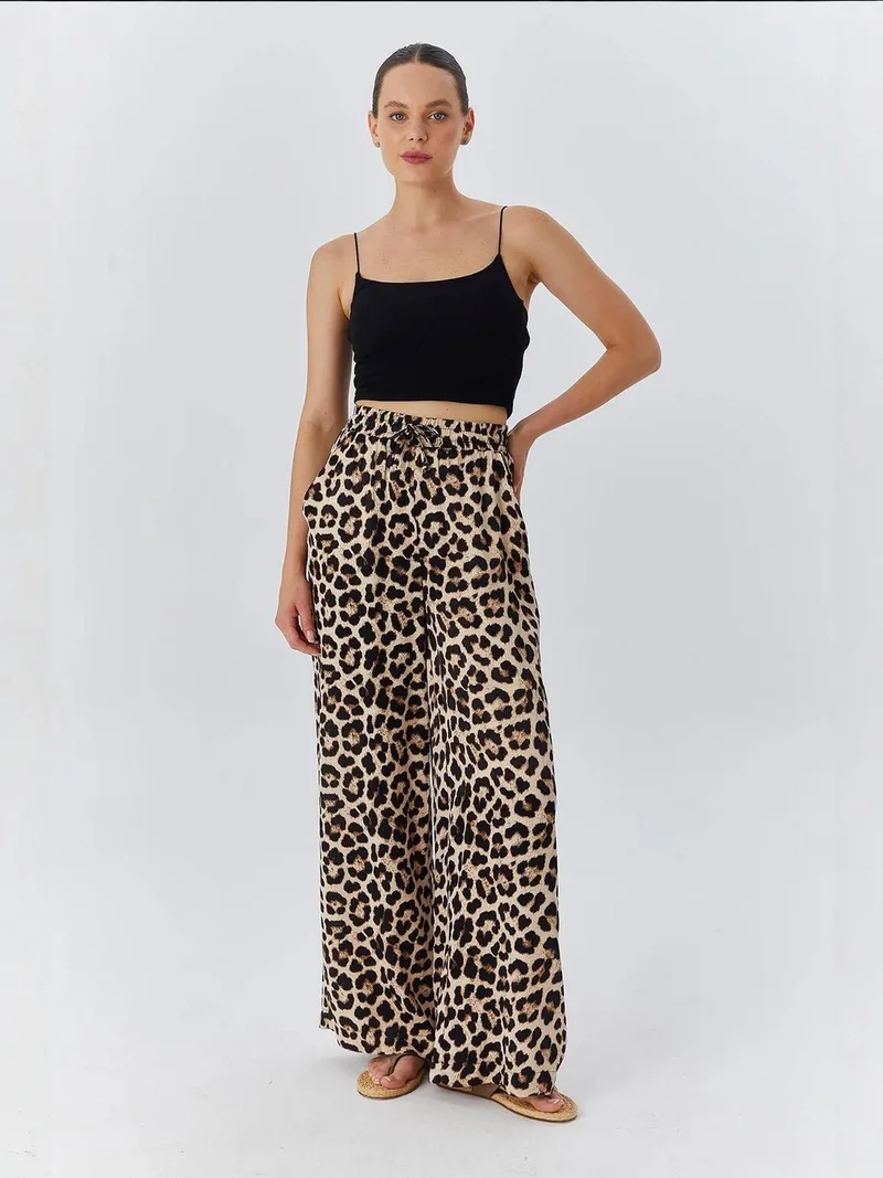 MixRay Beige Natural Mixray High Waist Leopard Print Wide Leg Pants for Women | Best Price UAE