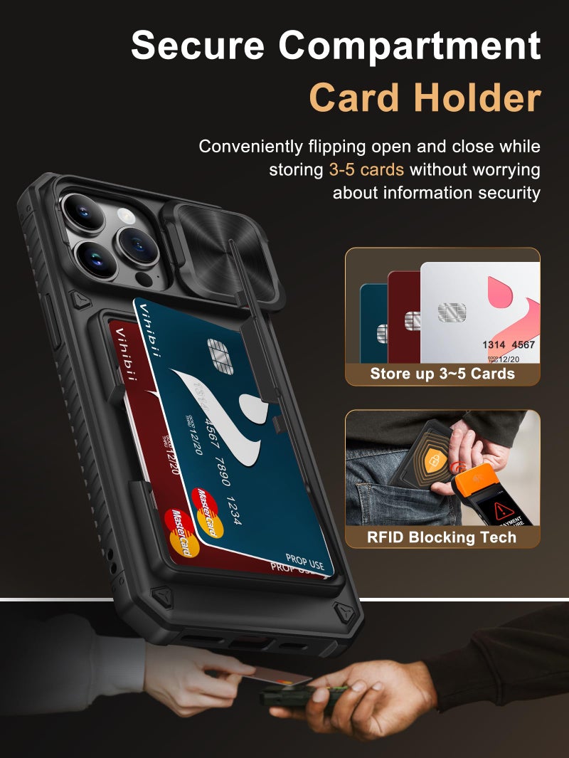 Vihibii for iPhone 14 Pro Max Case with Card Holder (4 Cards) [RFID Blocking] & Slide Camera Cover, Military Grade Drop Protection, Rugged Hard Back & Silicone Edge Wallet Case, 6.7" 2022, Black - Image 3