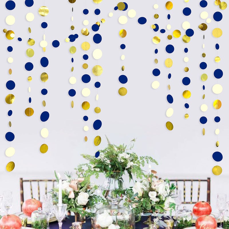 pinkblume 46 Ft Navy Blue and Gold Circle Dots Garland Royal Blue Hanging Paper Polka Dot Streamer for Birthday Wedding Bridal Baby Shower Graduations Nautical Ahoy Achor Pirate Theme Party Decorations Supplies - Image 5