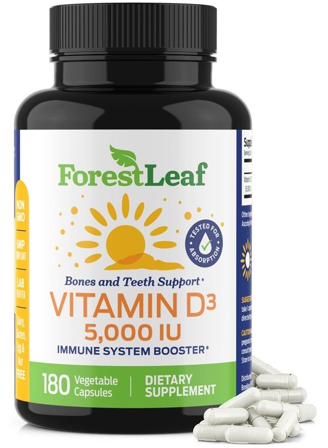 ForestLeaf Vitamin D3 5,000 IU Supplement - Vegetable Capsules for Bones, Teeth, and Immune Support - Easy Swallow Pure Vitamin D3 5000 (180 Count) - Image 1