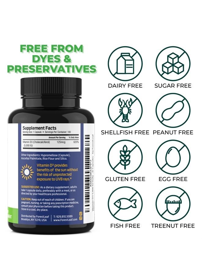 ForestLeaf Vitamin D3 5,000 IU Supplement - Vegetable Capsules for Bones, Teeth, and Immune Support - Easy Swallow Pure Vitamin D3 5000 (180 Count) - Image 4