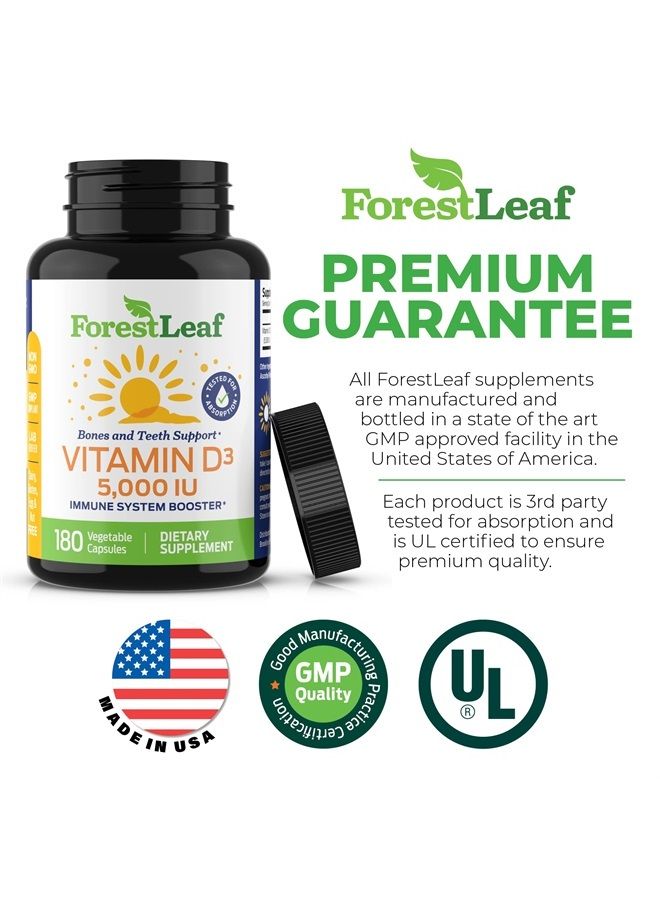 ForestLeaf Vitamin D3 5,000 IU Supplement - Vegetable Capsules for Bones, Teeth, and Immune Support - Easy Swallow Pure Vitamin D3 5000 (180 Count) - Image 2