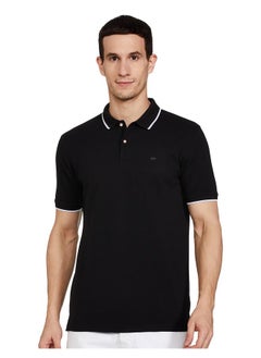 Peter England Peter England Men's Snug Fit Solid Polo T-Shirt with Coloured Collar Tipping| Cotton Rich| Premium Pique Weave Black  - Image 1