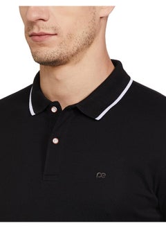 Peter England Peter England Men's Snug Fit Solid Polo T-Shirt with Coloured Collar Tipping| Cotton Rich| Premium Pique Weave Black  - Image 2