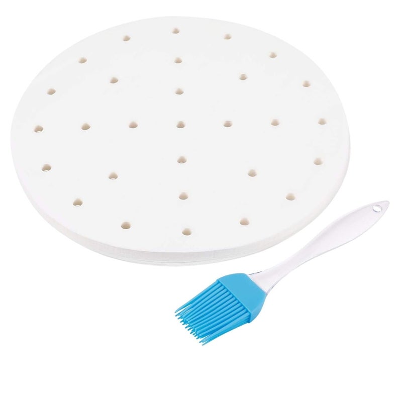 Flexzion 75 Inch Perforated Parchment Paper For Air Fryer Liners Round Unbleached 100 Sheets 35 37 QT AirFryer Bamboo Steamer Basket Baking Paper Microwave Oven NonStick Cooking