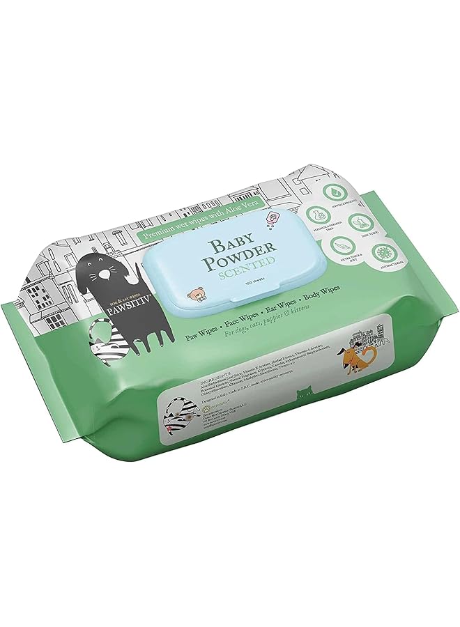 Pawsitiv Pet Wipes Scented For Dogs & Cats Baby Powder/150 Wipes  - Image 1