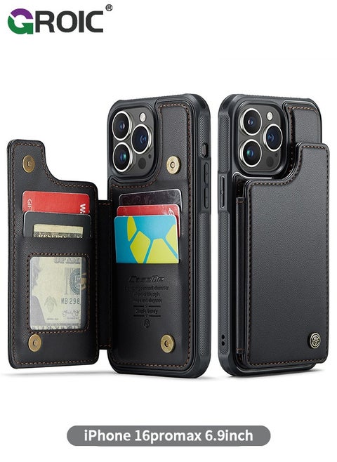 Black Wallet Phone Case for iPhone 16 Pro Max Case with Card Holder, Leather Phone Cases for iPhone 16 Pro Max Wallet Case, Phone Wallet Case for iPhone 16 Pro Max Cases with Stand