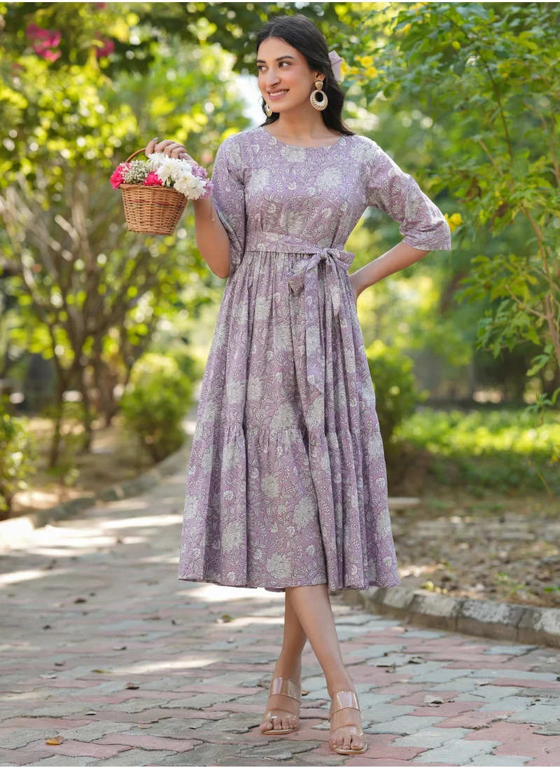 كولابا Lavender Cotton Floral Printed Midi Dress