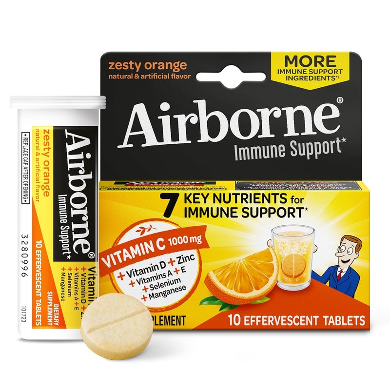 Airborne 1000mg Vitamin C with Vitamin D  Zinc Sugar Free Multivitamin Immune Support Supplement Antioxidants Vitamins A C  Vitamin E 10 Effervescent Tablets Zesty Orange Flavor - Image 1