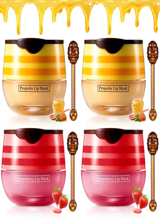 Tiejdhr 4PCS Strawberry & Honey Lip Balm, Hydrating Propolis Sleeping Mask, Moisturizing & Prevention Dry and Cracked Scrubs Exfoliator, Repair Nourishes the Skin - Image 1