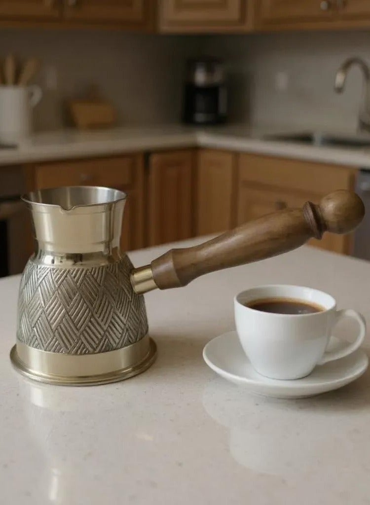 Royal Brass Turkish Coffee Warmer Turkish Coffee Pot with Wooden Handle Gold 10 Centimeter - Image 1