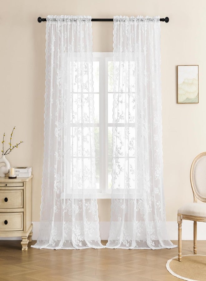 SEEKRIGHT White Lace Curtains 84 Inches Long for Living Room Bedroom Victorian Floral Sheer Curtains 2 Panels Set Rod Pocket Light Filtering Vintage Western Edges Crochet Drapes for Window Decor, 52x84 - Image 2