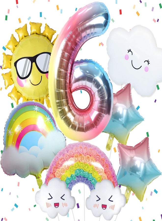 Paeyeq 6th Birthday Decorations Girl, 6 Rainbow Balloons Set with Sun Gradient Stars and 40 Inch Number 6 Foil Balloon for Rainbow Theme Girls 6th Party Decoration Supplies - Image 1