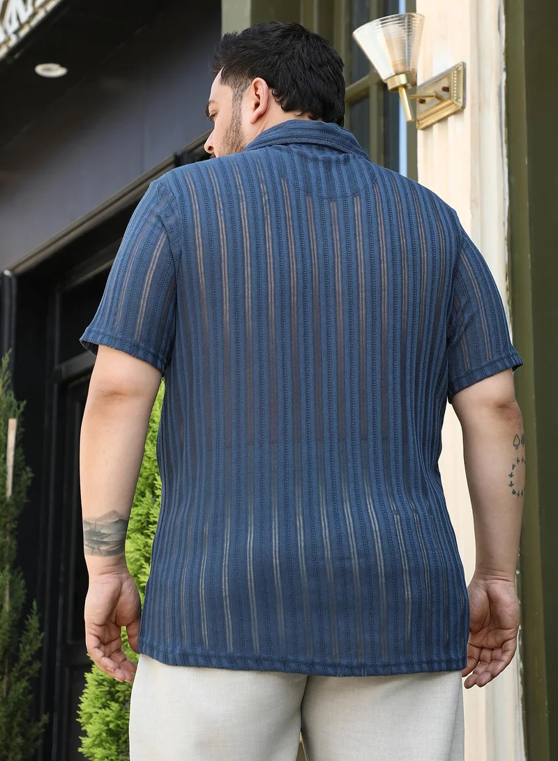 Instafab Plus Instafab Plus Men's Aegean Blue Ridge Knit Shirt For Casual Wear | Spread Collar | Short Regular Sleeves | Button Closure | Plus Size Shirt Crafted With Comfort Fit For Everyday Wear