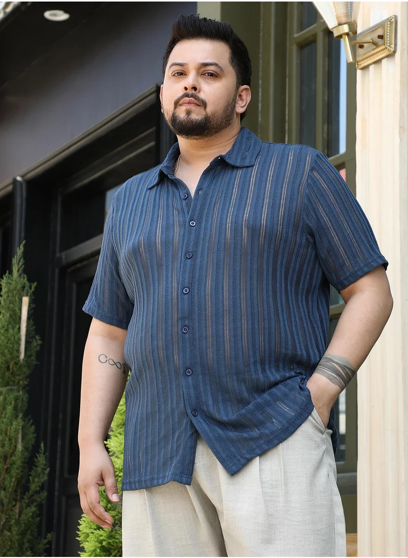 انستافاب بلس Instafab Plus Men's Aegean Blue Ridge Knit Shirt For Casual Wear | Spread Collar | Short Regular Sleeves | Button Closure | Plus Size Shirt Crafted With Comfort Fit For Everyday Wear